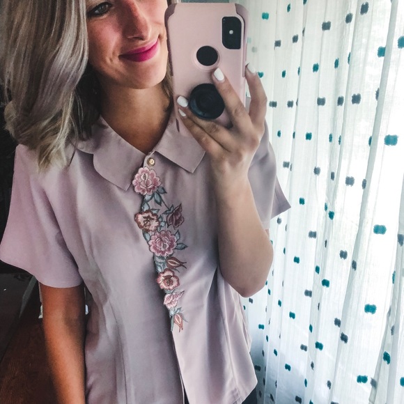 Pink Floral Short Sleeve Shoulder Pad Blouse M - Picture 6 of 6